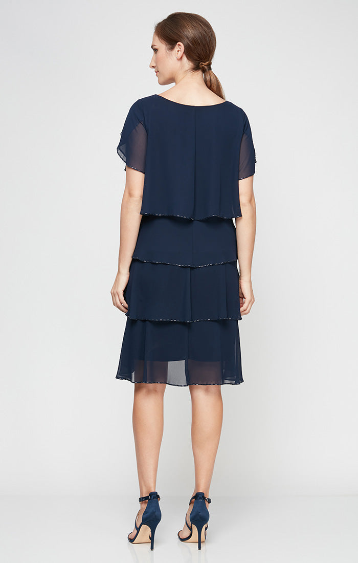 Tiered Chiffon Cocktail Dress with Bugle Beaded Trim and Flutter