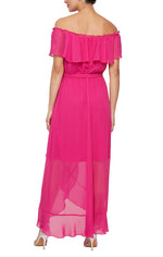 Off-the-Shoulder Chiffon Dress with Tie Waist & Tulip Overlay Skirt