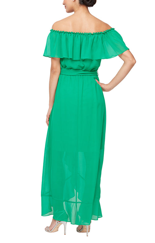 Regular - Off-the-Shoulder Chiffon Dress with Tie Waist & Tulip Overlay Skirt