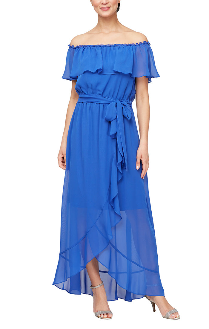 Regular - Off-the-Shoulder Chiffon Dress with Tie Waist & Tulip Overlay Skirt