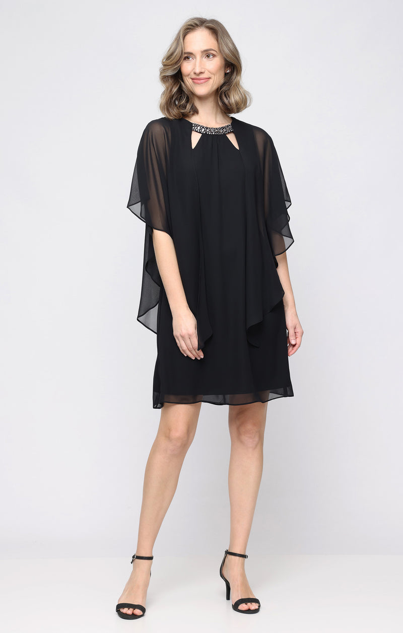 Short Shift Dress With Embellished Cutout Neckline and Capelet Cascade – S.L. Fashions