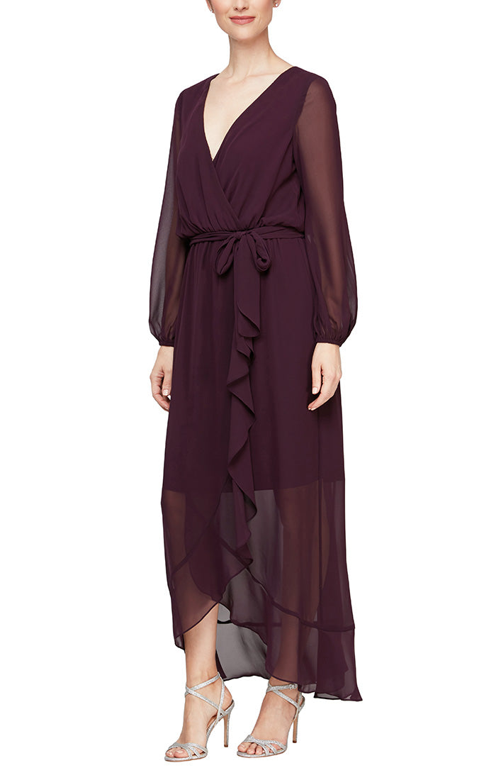 Midi Surplice Neckline Dress With Long Illusion Sleeves and Tulip Overlay Cascade High/Low Skirt