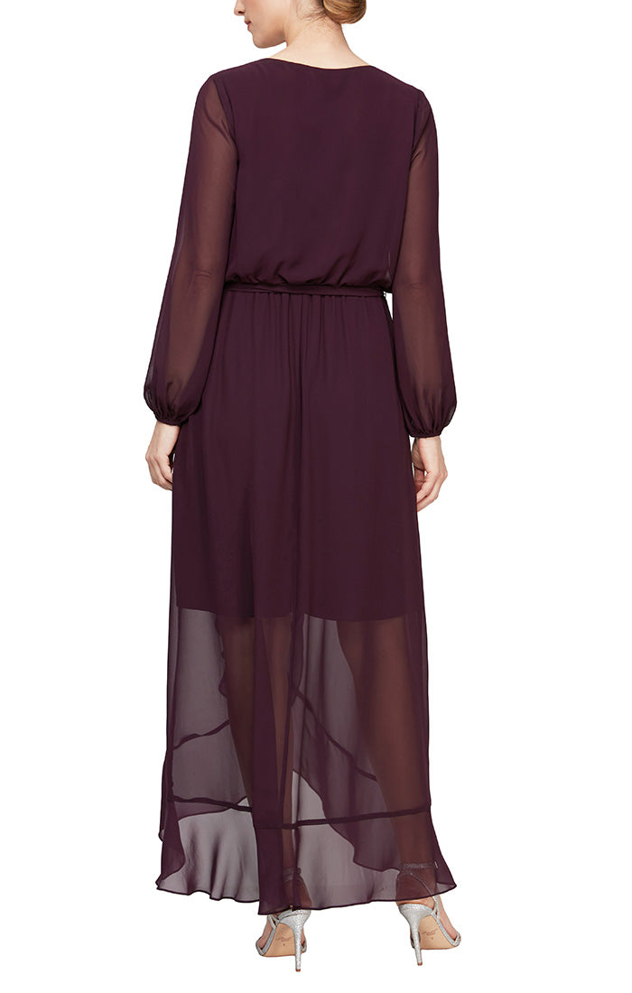 Midi Surplice Neckline Dress With Long Illusion Sleeves and Tulip Overlay Cascade High/Low Skirt