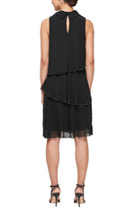 Short Sleeveless Tiered Dress with Tie Neckline and Bugle Bead Detail