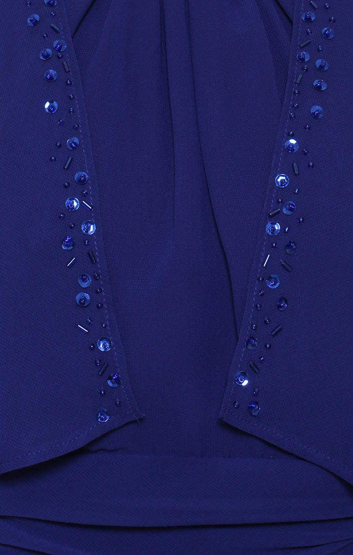 Regular - Short Chiffon Jacket Dress with Embellished Cutaway Halter Neckline, Ruched Waist and Open Illusion Jacket
