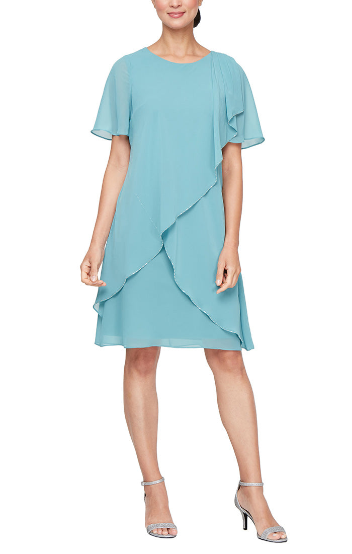 Petite Short Chiffon Dress with Tulip Overlay Bodice, Short Sleeves and Bugle Embellishment Detail