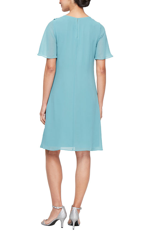 Petite Short Chiffon Dress with Tulip Overlay Bodice, Short Sleeves and Bugle Embellishment Detail