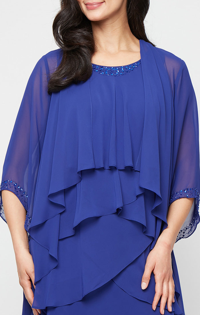 Short Tiered Chiffon Jacket Dress with Embellishment Detail at Neckline and Sleeves