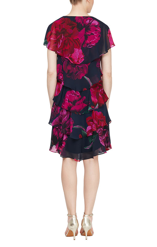 Short Sleeve Floral Printed Chiffon Tiered Dress with Rhinestone Detail at Neckline