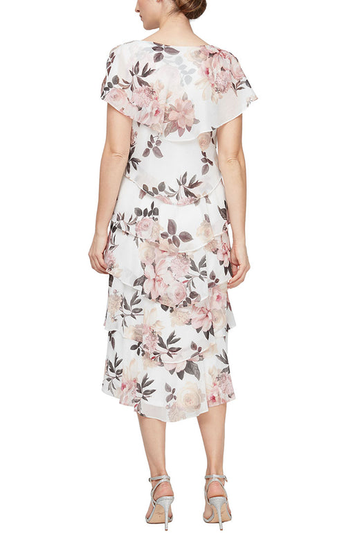 Floral Tiered Dress With Capelet Sleeves and Embelilshment at Shoulders