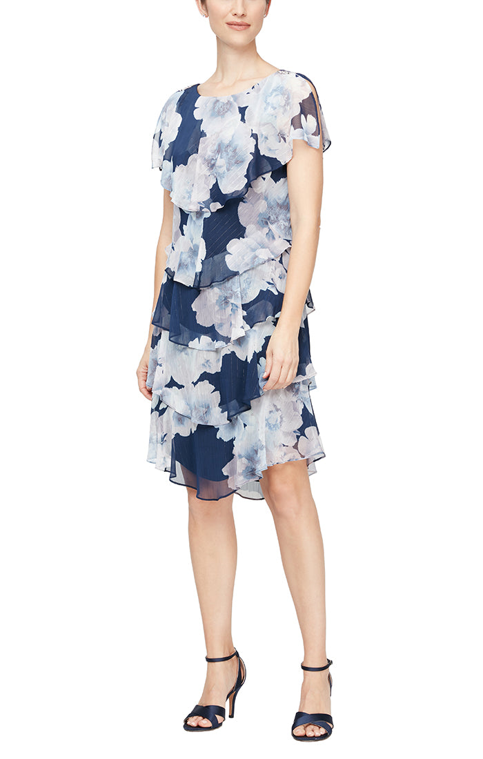 Georgette Tiered Floral Dress with Capelet Cold Shoulder Overlay