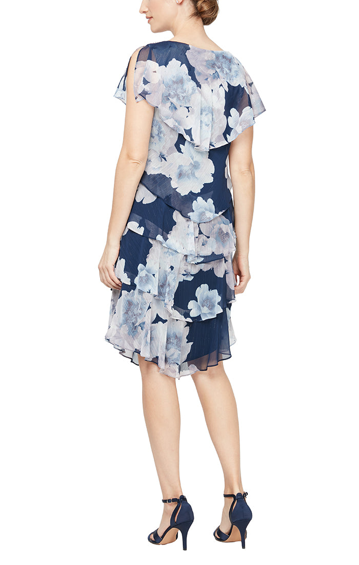 Georgette Tiered Floral Dress with Capelet Cold Shoulder Overlay