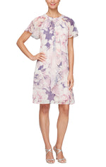 Regular - Short Printed Dress With Embellished Cutout Neckline, Front Cascade and Short Sleeves