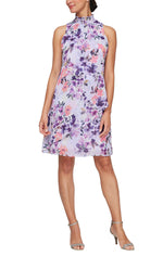 Floral Print Chiffon Party Dress with Smocked Neck