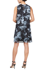 Short Sleeveless Printed Chiffon Dress with Embellished Cutout Neckline and Cascade Detail