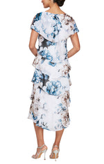 Petite Printed Tiered Dress With Capelet Sleeves and Embellishment at Shoulders