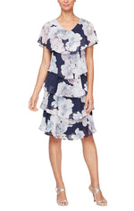 Georgette Tiered Printed Dress with Embellished V-Neckline