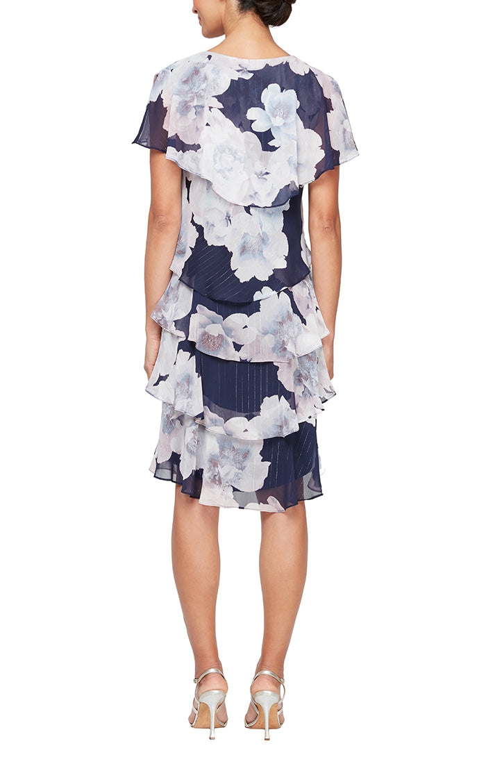 Georgette Tiered Printed Dress with Embellished V-Neckline