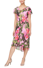 Petite Printed Cowl Neck Dress with Flutter Sleeve and Embellishment at Shoulder