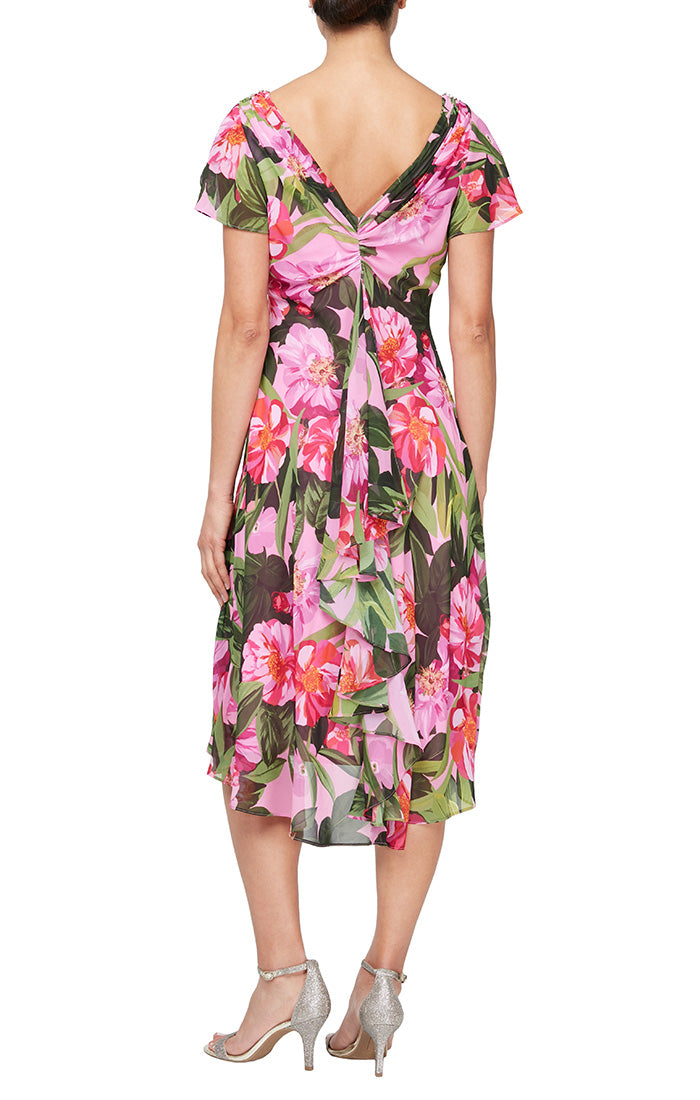 Regular -  Floral Chiffon Cowl Neck Dress with Flutter Sleeve & Embellishment at Shoulder