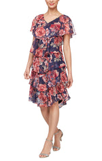 Short V-Neck Printed Tier Dress with Embellishment at Neckline