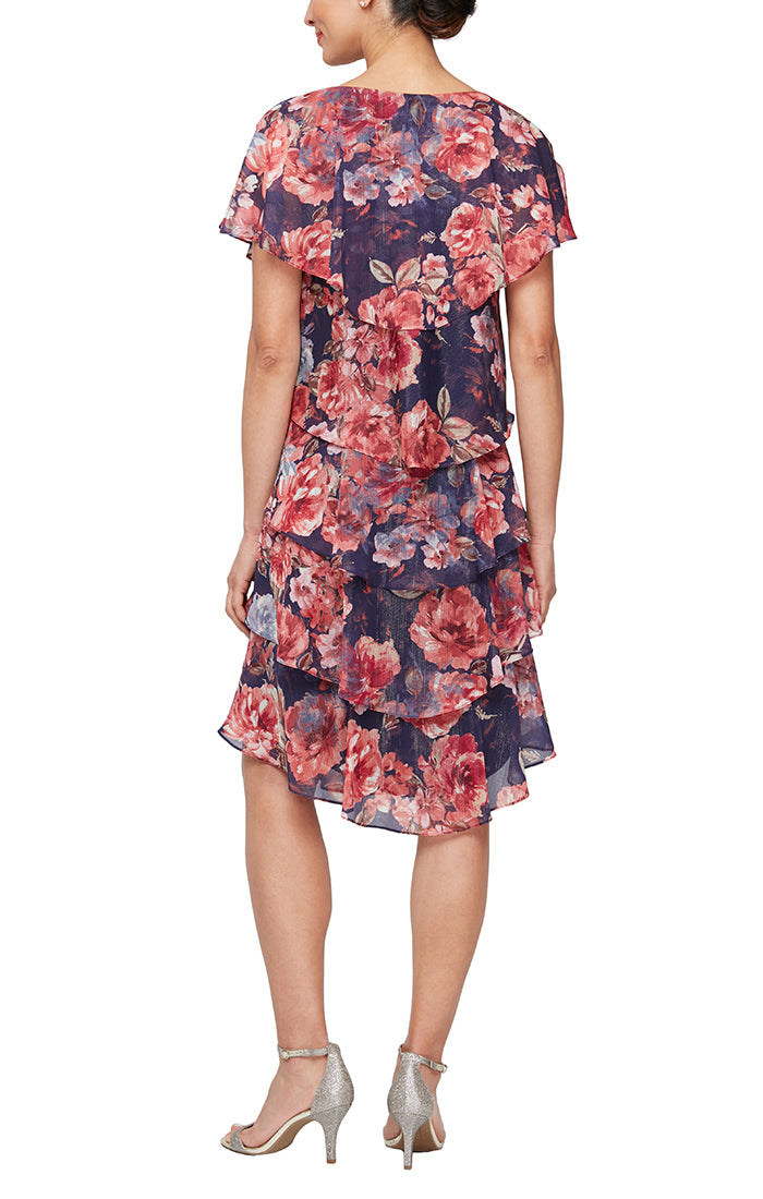 Short V-Neck Printed Tier Dress with Embellishment at Neckline