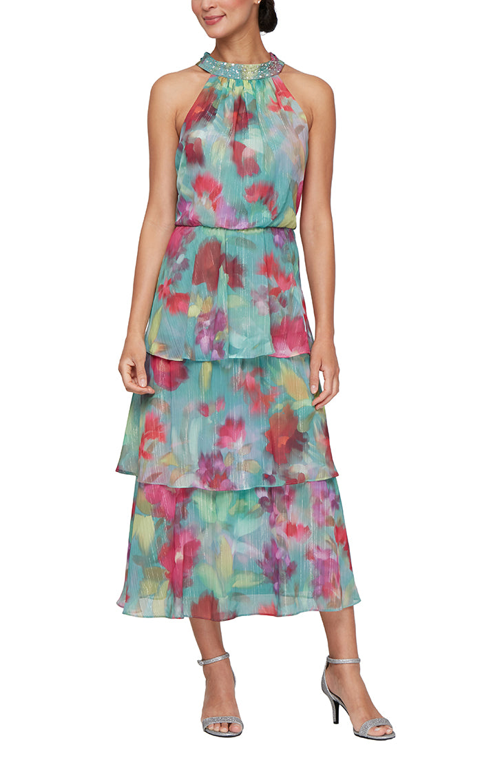 Tea Length Printed Chiffon Maxi with Beaded Halter Neckline