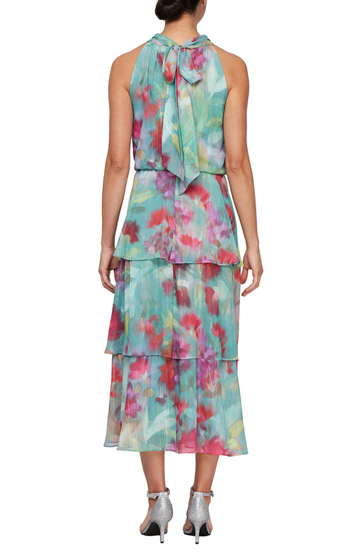 Tea Length Printed Chiffon Maxi with Beaded Halter Neckline