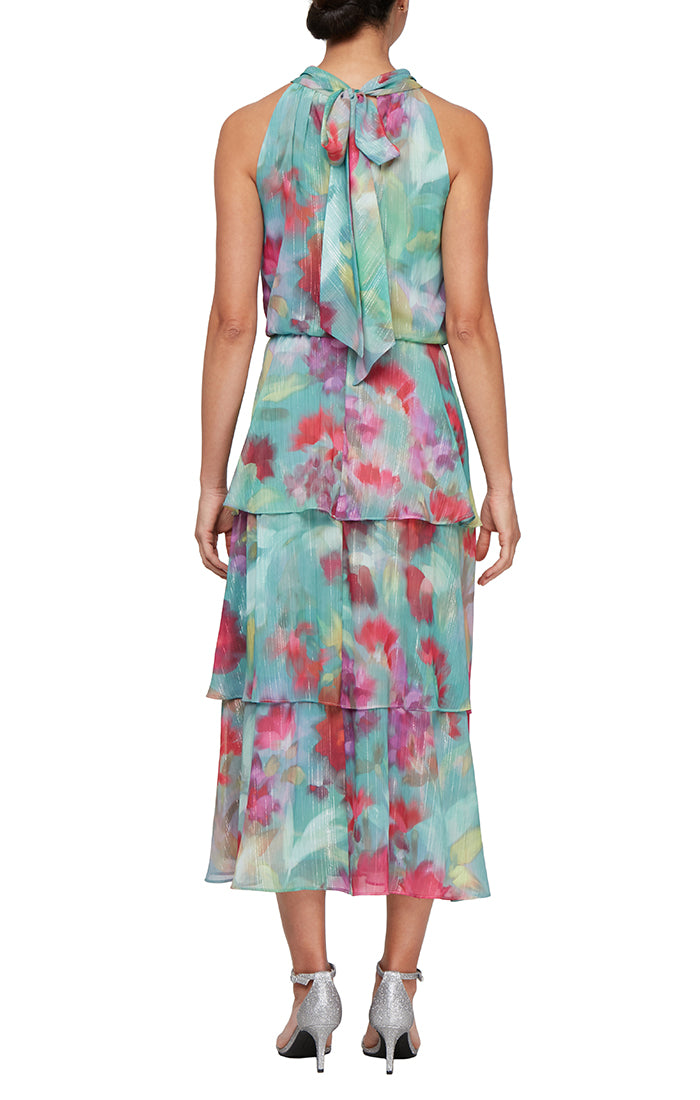 Tea Length Printed Chiffon Maxi with Beaded Halter Neckline