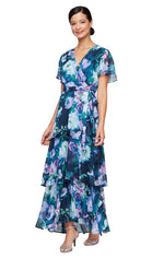 Petite Long Printed Chiffon Maxi with Flutter Sleeves and Tiered Detail Skirt