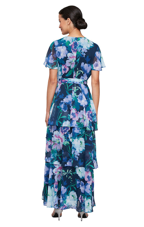 Petite Long Printed Chiffon Maxi with Flutter Sleeves and Tiered Detail Skirt