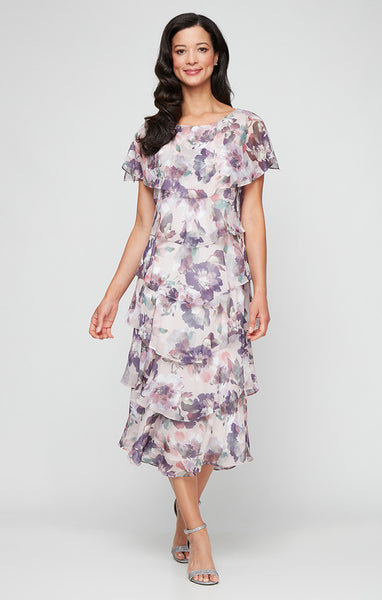 Sl Fashions Women's Capelet-Sleeve Midi Dress - Blush Multi