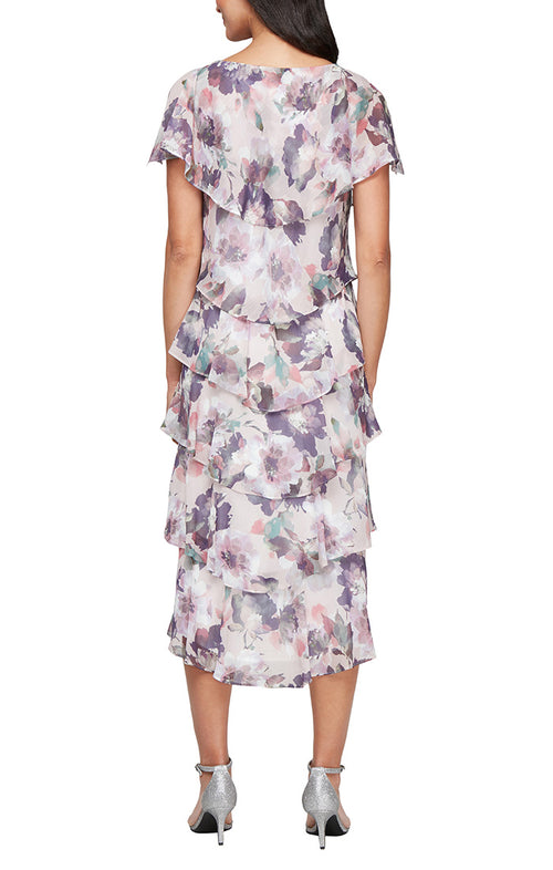 Printed Chiffon Tiered Dress With Capelet Sleeves and Embellishment at Shoulders