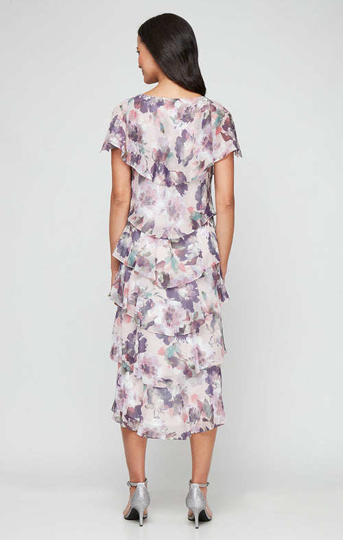 Printed Chiffon Tiered Dress With Capelet Sleeves and Embellishment at Shoulders