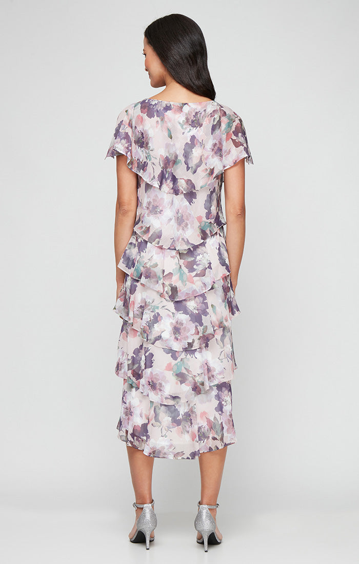 SL FASHIONS Women's Metallic Floral Tiered Ruffle Cocktail Dress