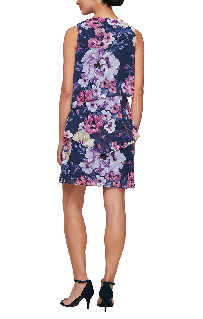 Floral Print Chiffon Dress with Asymmetric Tiers