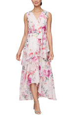 Floral Chiffon High-Low Dress with Tiered Skirt and Tie Belt