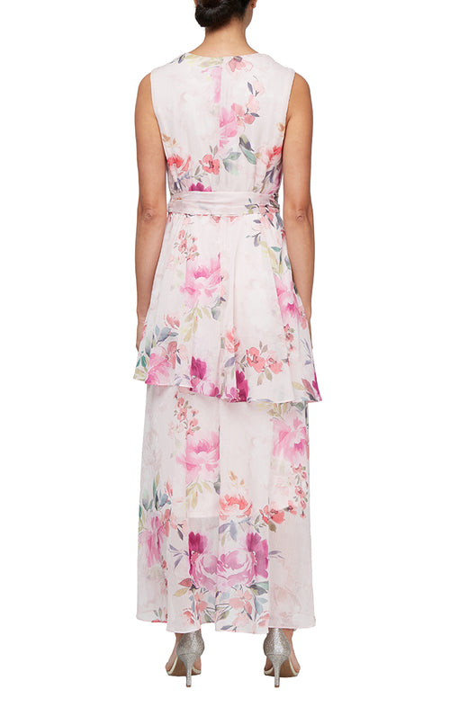 Floral Chiffon High-Low Dress with Tiered Skirt and Tie Belt