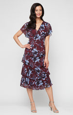 Petite Tea Length Printed Lurex Yoryu Dress with Empire Waist and Tiered Skirt