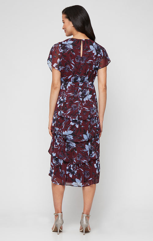Petite Tea Length Printed Lurex Yoryu Dress with Empire Waist and Tiered Skirt