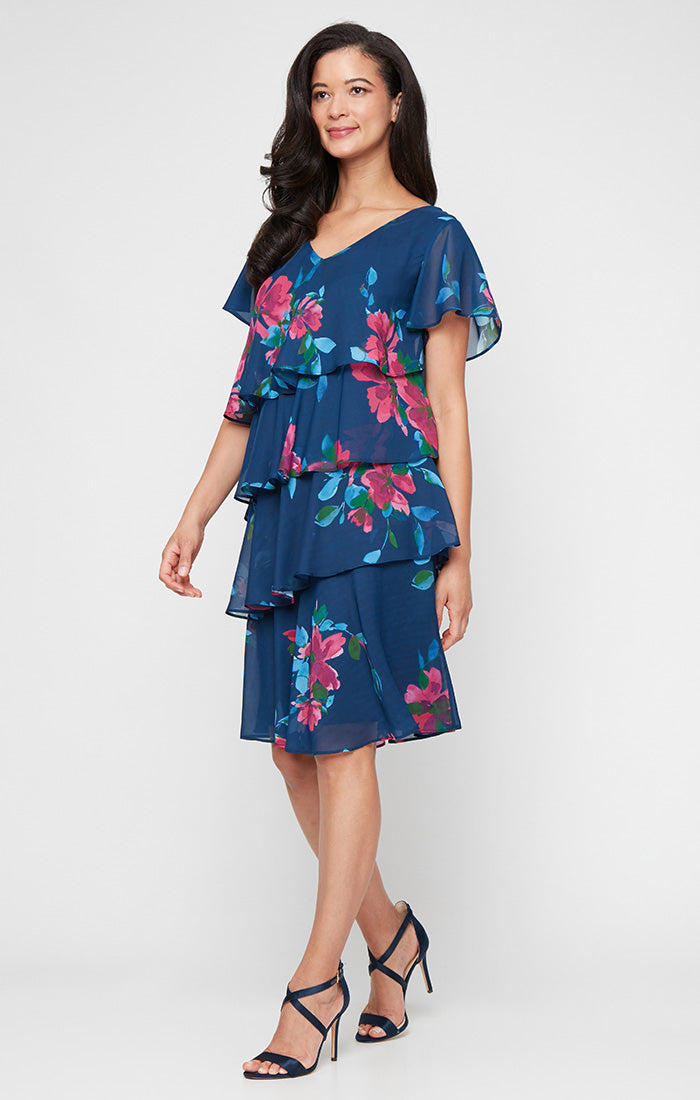 Short Printed Chiffon Tiered Dress with V-Neckline