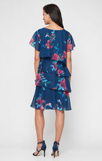Short Printed Chiffon Tiered Dress with V-Neckline