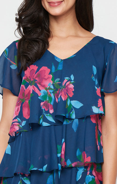 Short Printed Chiffon Tiered Dress with V-Neckline