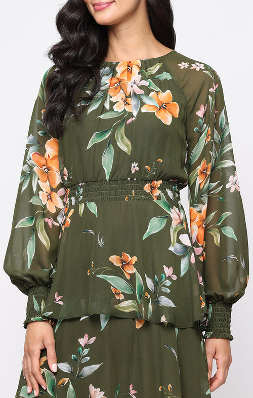 Midi Printed Chiffon Dress with Smocked Waist and Tiered Skirt