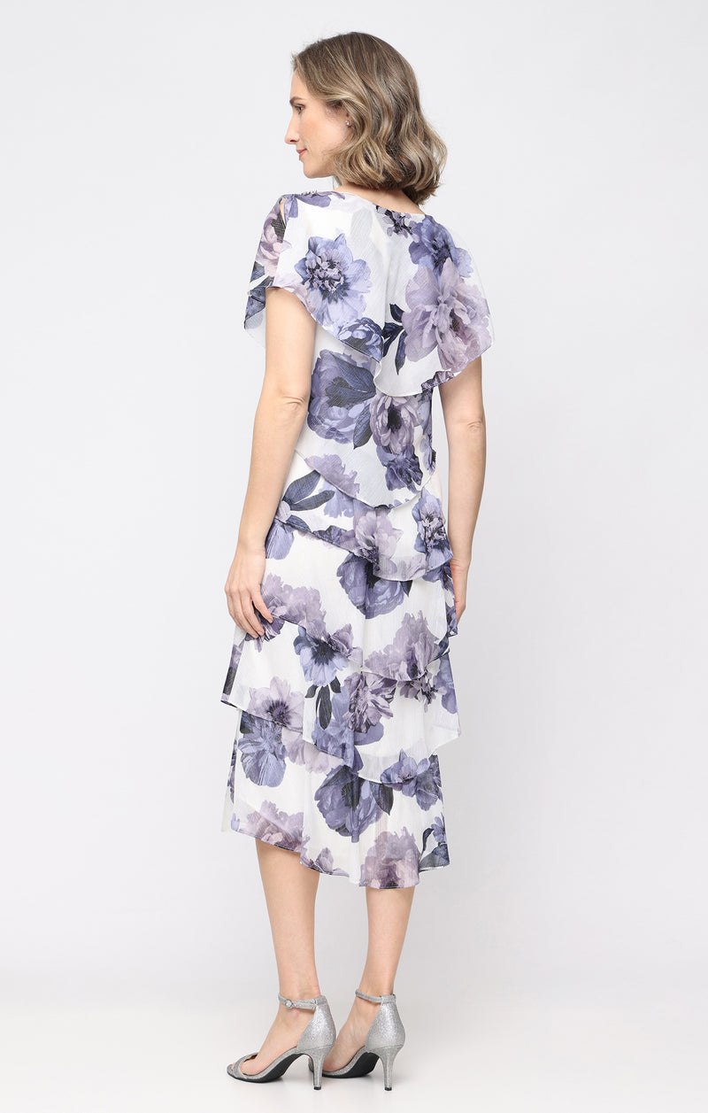 petite chiffon dress Petite Printed Chiffon Tiered Dress with Embellishment Detail at Shoulders