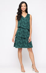 Short Sleeveless Burnout Chiffon Dress with Asymmetric Tiers and V-Neckline