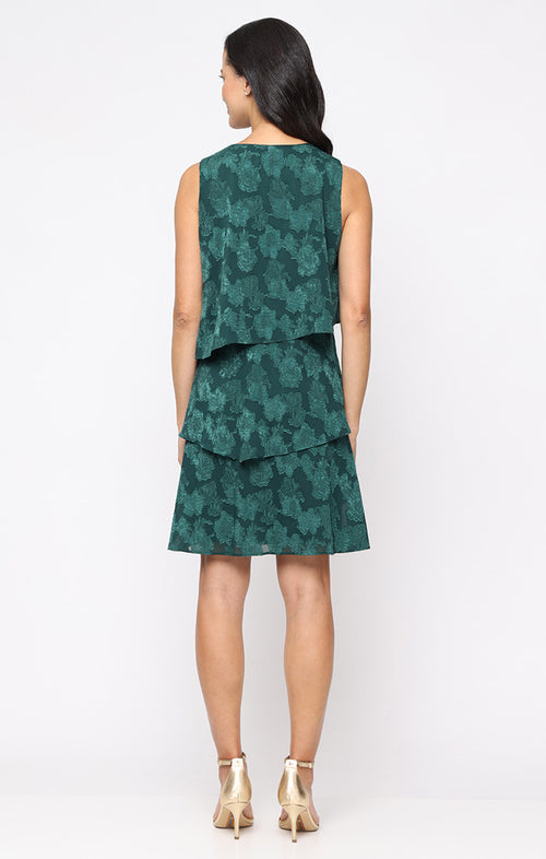 Short Sleeveless Burnout Chiffon Dress with Asymmetric Tiers and V-Neckline