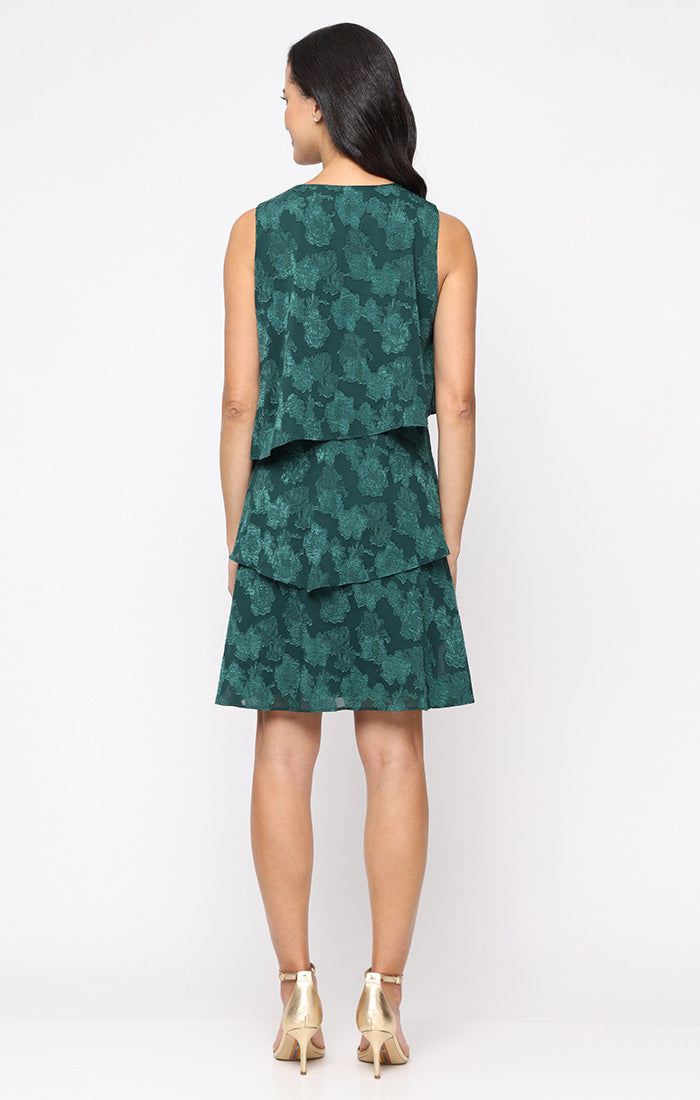 Short Sleeveless Burnout Chiffon Dress with Asymmetric Tiers and V-Neckline