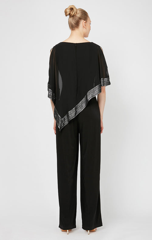 Petite Jersey Jumpsuit with Asymmetrical Chiffon Cape with Foil Trim