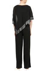 Petite Jersey Jumpsuit with Asymmetrical Chiffon Cape with Foil Trim